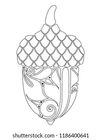 Monochrome Decorative Acorn. Fall Plant with Paisley Floral Ornament, Indian Motifs. Design Element for Print, Label, Logo, Packaging Template. Simple Coloring Book Page. Vector Contour Illustration