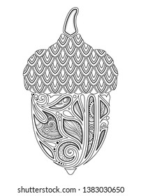Monochrome Decorative Acorn. Fall Plant with Paisley Floral Ornament, Indian Motifs. Design Element for Print, Label, Logo, Packaging Template. Coloring Book Page. Vector 3d Contour Illustration
