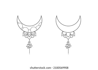 Monochrome decorative boho moon and lotus flower. Mystical vector illustration isolated on white background. Witch art with crescent moon. Floral magic clipart for esoteric logo, tattoo, print.