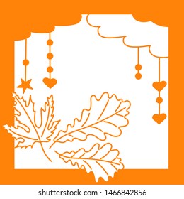 Monochrome. Decorative element of graphic design, frame, decorations for postcards, posters. Place for text . Oak and maple leaves, clouds, stars, beads. Vector hand drawn illustration