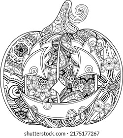 Monochrome Decorative Jack o'Lantern Pumpkin. Fall Plant with Paisley Floral Ornament. Design Element for Halloween Holiday. Coloring Book Page. Vector Contour Illustration. Abstract Ornate Art