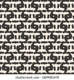 Monochrome decorative pattern with abstract signs and brackets arranged aligned in alternating and reversed positions. Flat design for rugs or beds.