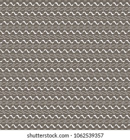 Monochrome decorative pattern composed of stylized waves and stitches, arranged alternately in horizontal rows. Background with simple geometric ornamental elements. Vector illustration.