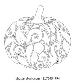 Monochrome Decorative Pumpkin. Fall Plant with Paisley Ornament. Design Element for Thanksgiving and Halloween Holidays. Simple Coloring Book Page. Vector Contour Illustration. Abstract Ornate Art