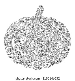 Monochrome Decorative Pumpkin. Fall Plant with Paisley Floral Ornament. Design Element for Thanksgiving and Halloween Holidays. Coloring Book Page. Vector Contour Illustration. Abstract Ornate Art