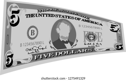 Monochrome Deformed 5 US dollar banknote