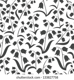 monochrome delicate silhouette flowers with leaves lilies of the valley type on white background floral seamless pattern