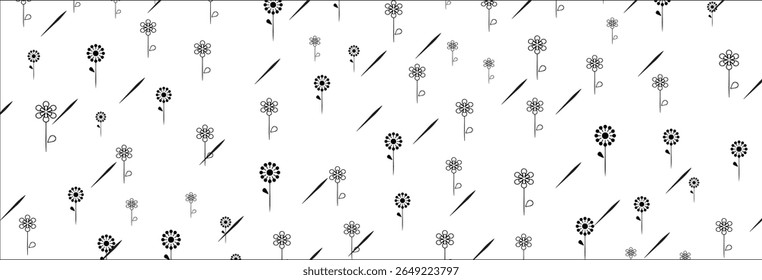 Delícia monocromática: Um padrão delicado se desenrola com flores em forma de margarida na arte da linha preta, em pé, contra um fundo branco imaculado, pontuado por linhas diagonais para um sotaque botânico moderno