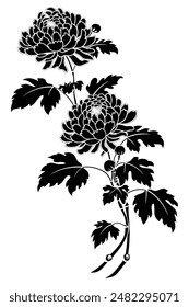 Monochrome depiction of a stylized chrysanthemum branch with floral and leaf elements
