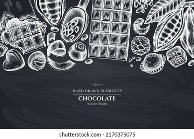 Monochrome design with chalk cocoa beans, cocoa, chocolate, chocolate candies