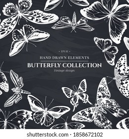 Monochrome design with chalk great orange-tip, emerald swallowtail, plain tiger, rajah brooke s birdwing, papilio torquatus, swallowtail butterfly