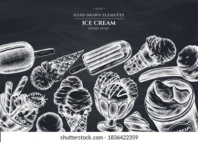 Monochrome design with chalk ice cream bowls, ice cream bucket, popsicle ice cream, ice cream cones