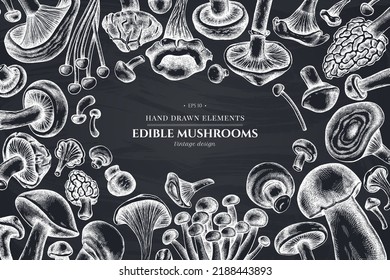 Monochrome design with chalk oyster mushroom, champignon, honey agaric, etc.