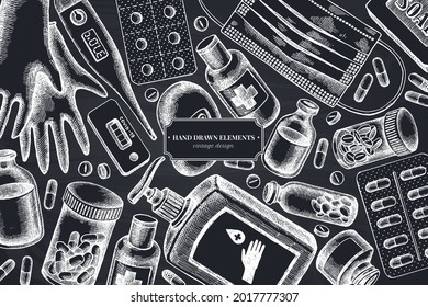 Monochrome design with chalk pills and medicines, medical face mask, sanitizer bottles, medical thermometer, coronavirus rapid test, soap, medical gloves