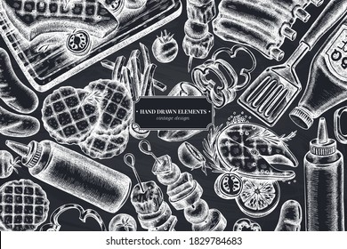 Monochrome design with chalk spatula, Pork ribs, kebab, sausages, steak, sauce bottles, grilled burger patties, grilled tomato, grilled salmon steak, grilled bell pepper