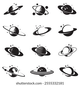 monochrome design collection of planet saturn with stars isolated on white background