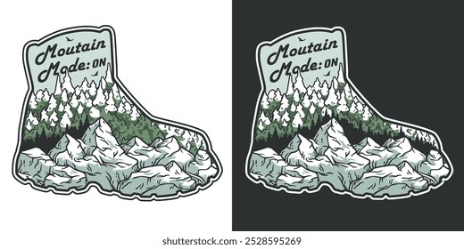 Monochrome design featuring the outline of a hiking boot filled with a scenic mountain view, perfect for a wilderness themed logo or emblem