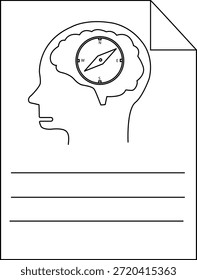 Un diseño monocromo de una cabeza con un cerebro lleno de brújula en un cuaderno
