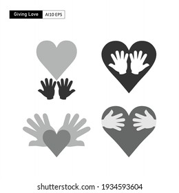 Monochrome design of hearts and hands that symbolizes the spirit of sharing love and care. Perfect to be used as a logo for institutions or programs engaged in social care. 
