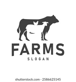 Monochrome design logo with silhouettes of cows, sheep and chickens. This logo is suitable for farms, agribusiness, meat products, dairy and other livestock-based businesses.