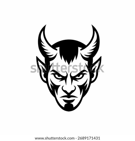 Monochrome Devil Head Mascot Illustration with Horns and Evil Gaze
