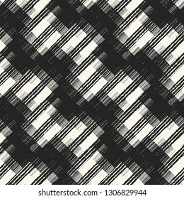 Monochrome Diagonal Broken Striped Brushed Textured Background. Seamless Pattern.