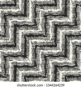 Monochrome Diagonal Chevron Canvas Textured Distressed Background. Seamless Pattern.