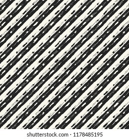Monochrome Diagonal Dashed Striped Distressed Textured Background. Seamless Pattern.
