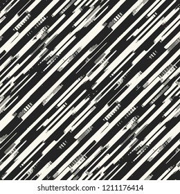 Monochrome Diagonal Distorted Striped Textured Background. Seamless Pattern.