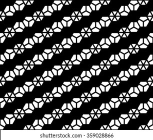Monochrome diagonal line seamless pattern background vector. Connecting geometric shapes with hexagon.
