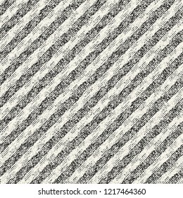 Monochrome Diagonal Striped Noisy Textured Background. Seamless Pattern.