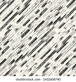 Monochrome Diagonal Striped Splatter-Textured Distressed Background. Seamless Pattern.