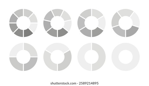 Monochrome diagram with 1, 2, 3, 4, 5, 6, 7, 8 equal sections, steps. Set of pie, pizza charts. Circle icon for UI, web design, business presentation, infographic, statistic, analytics. Coaching blank