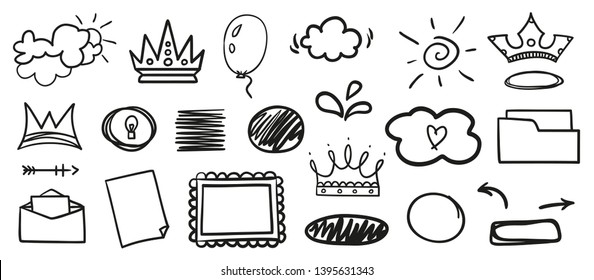 Monochrome different things on white. Hand drawn simple objects. Line art. Black and white illustration. Sketchy elements for design