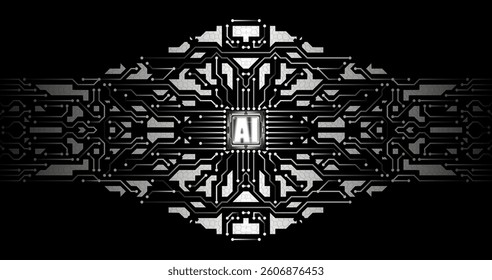 Monochrome digital circuit with central chip. Black background and silver lines create high-tech style with minimalist aesthetics, symbolizing artificial intelligence and advanced technologies.