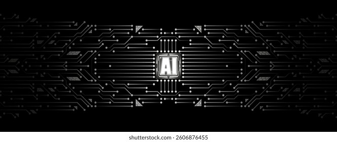 Monochrome digital circuit with central chip. Black background and silver lines create high-tech style with minimalist aesthetics, symbolizing artificial intelligence and advanced technologies.