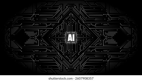 Monochrome digital circuit with central chip. Black background and silver lines create high-tech style with minimalist aesthetics, symbolizing artificial intelligence and advanced technologies.