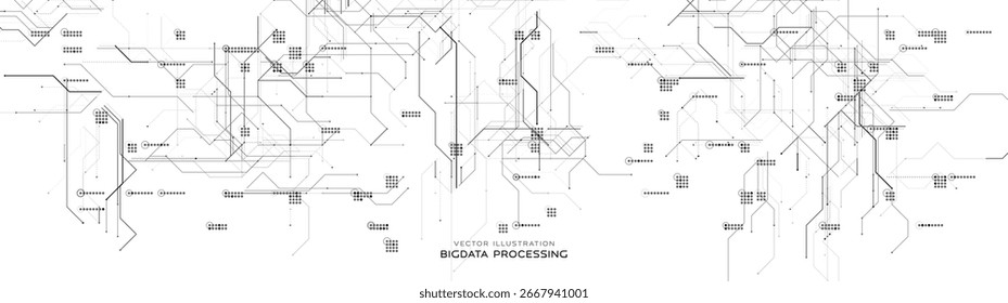 Fundo de chip de circuito digital monocromático, rede de processador. Textura das linhas do sistema neural da IA. Padrão técnico de fluxo de dados cibernéticos. Fundo de tecnologia de inteligência artificial. Ilustração vetorial. 