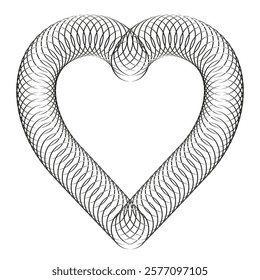 Monochrome digital heart drawing. Silhouette of heart made of intersecting rings in technical style. Unusual design for Valentine. Wire ring grid.