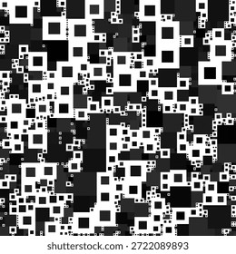 Patrón digital monocromático con una disposición densa y aleatoria de cuadrados y marcos superpuestos en blanco y negro sobre un fondo oscuro.
