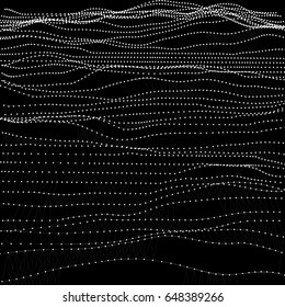 Monochrome digital polygonal ocean waves texture design. White grid on black background. Vector illustration. Business template. Surfing landscape