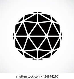 Monochrome dimensional vector low poly object, trigonometry shape. Technology 3d spherical element made with triangular facets for use as design form in engineering.