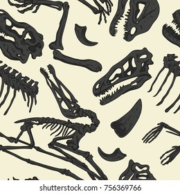 Monochrome Dinosaurs Fossil Seamless Pattern. Vector Wallpaper