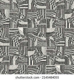Monochrome Distressed Canvas Textured Checked Patchwork Pattern