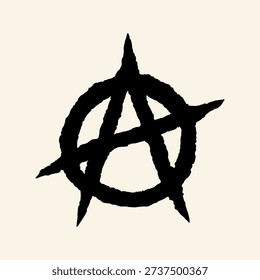 Monochrome distressed illustration of an anarchy circle A symbol with rough grunge texture. Suitable for punk themes, counterculture design, posters, and bold graphic projects.
