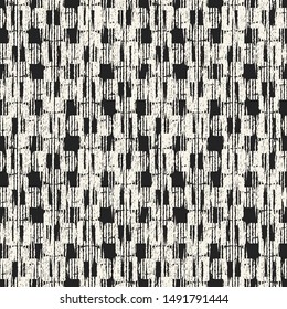 Monochrome Distressed Textured Checked Background. Seamless Pattern.