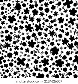 Monochrome ditsy flowers with leaves seamless repeat pattern on white background. Random placed, vector millefleurs all over print.