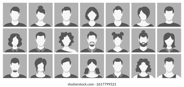 Monocromático diverso sem rosto pessoas anônimas personagens avatar headshot retrato conjunto isolado