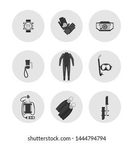 Monochrome diving icons - scuba diving flat vector elements. Underwater equipment for swimming illustration