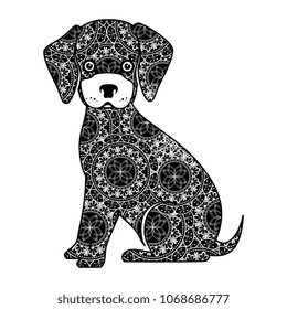 monochrome dog with mandala pattern